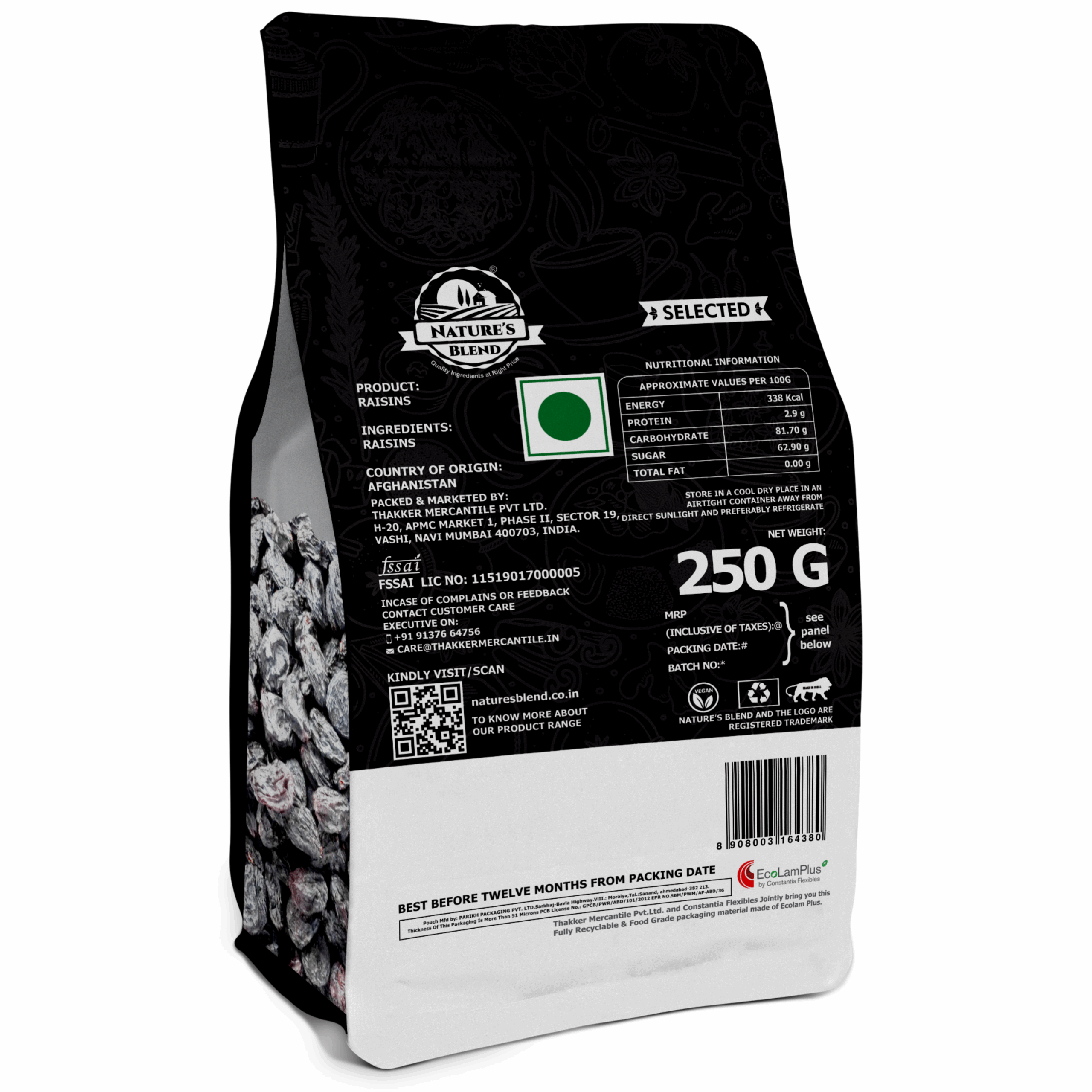 Nature’s Blend Black Afghan Raisins Seedless Selected 250g Pouch